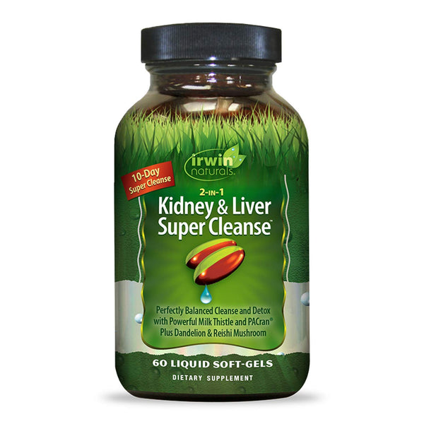 Irwin Naturals 2-in-1 Kidney + Liver Super Cleanse 10 Day Detox with Milk Thistle, Dandelion + Reishi Mushroom - Natural Kidney & Liver Support Supplement - 60 Liquid Softgels