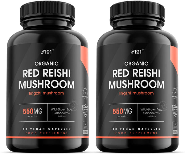 Organic Red Reishi Mushroom Capsules - 1100mg - Wild-Grown Ganoderma Lucidum - Non-GMO, Gluten Free, 90 Vegan Caps (2 Pack)