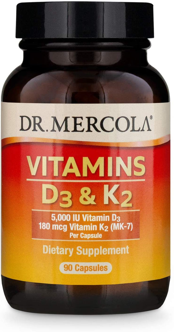 Dr. Mercola, Vitamins D3 and K2 Dietary Supplement , 90 Servings (90 Capsules), Supports Cardiovascular and Bone Health, Non GMO, Soy Free, Gluten Free