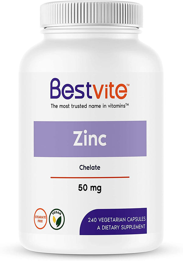 Zinc Chelate 50mg (240 Vegetarian Capsules) - No Stearates - No Dicalcium Phosphate - Vegan - Non GMO - Gluten Free