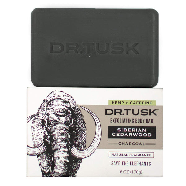 DR. TUSK Mens Soap Bar | Exfoliating Body Bar for Men | Natural Bars with Activated Charcoal, Caffeine, Hemp and Palm | Siberian Cedarwood | USA-made | 6oz
