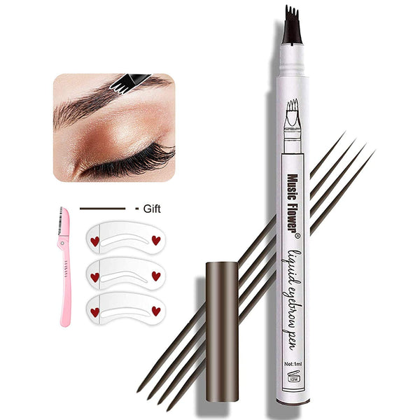 Eyebrow Pen,MoonKong 4 Point Eyebrow Pencil Waterproof Eye Brown Makeup,Eyebrow Kits with 3 Eyebrow Stencil,1 Brow Razor(1# Dark Brown/Chestnut)