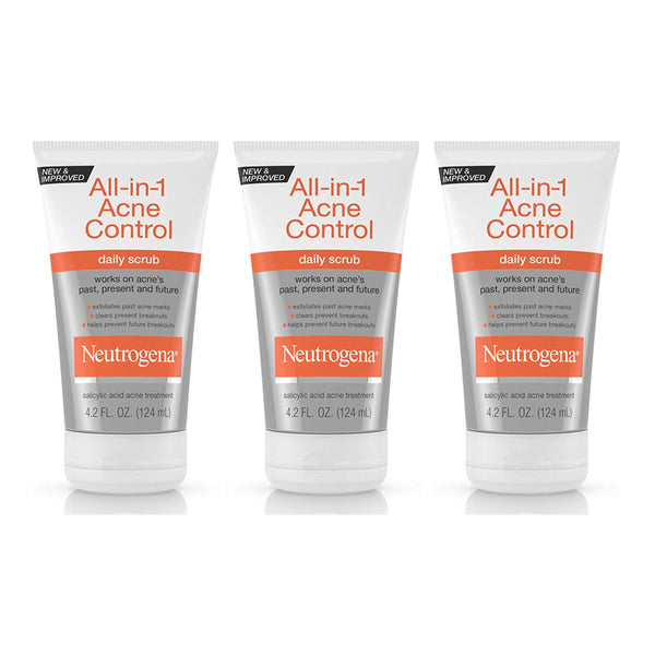 Neutrogena All-In-1 Acne Control Daily Face Scrub to Exfoliate & Treat Acne, with 2% Salicylic Acid Acne Medication, Exfoliating Acne Facial Scrub for Acne Marks & Breakouts, 4.2 fl. oz (Pack of 3)