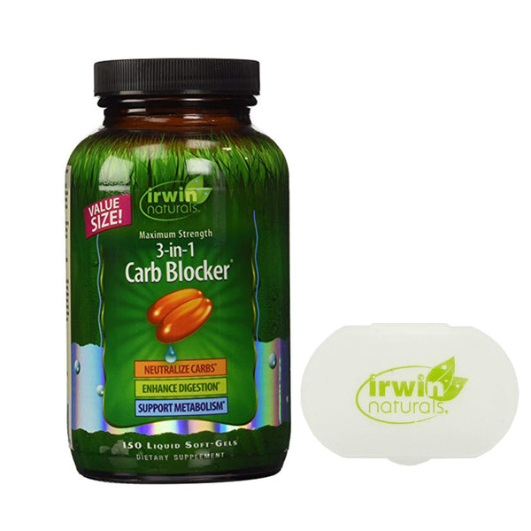 Irwin Naturals 3-in-1 Carb Blocker, Appetite Control Metabolism Support Supplement - 150 Liquid Softgels Bundle with a Pill Case