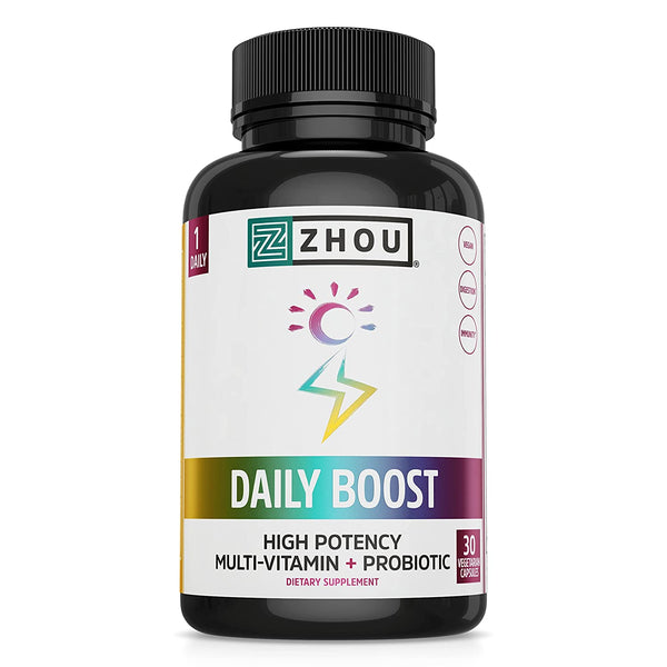 Zhou Nutrition Daily Boost Multivitamin with Probiotic, Zinc, Vitamin C, D3, B Complex for Immune Support, Energy and Digestive Health | Vegan, Gluten Free, Soy Free | 30 Servings