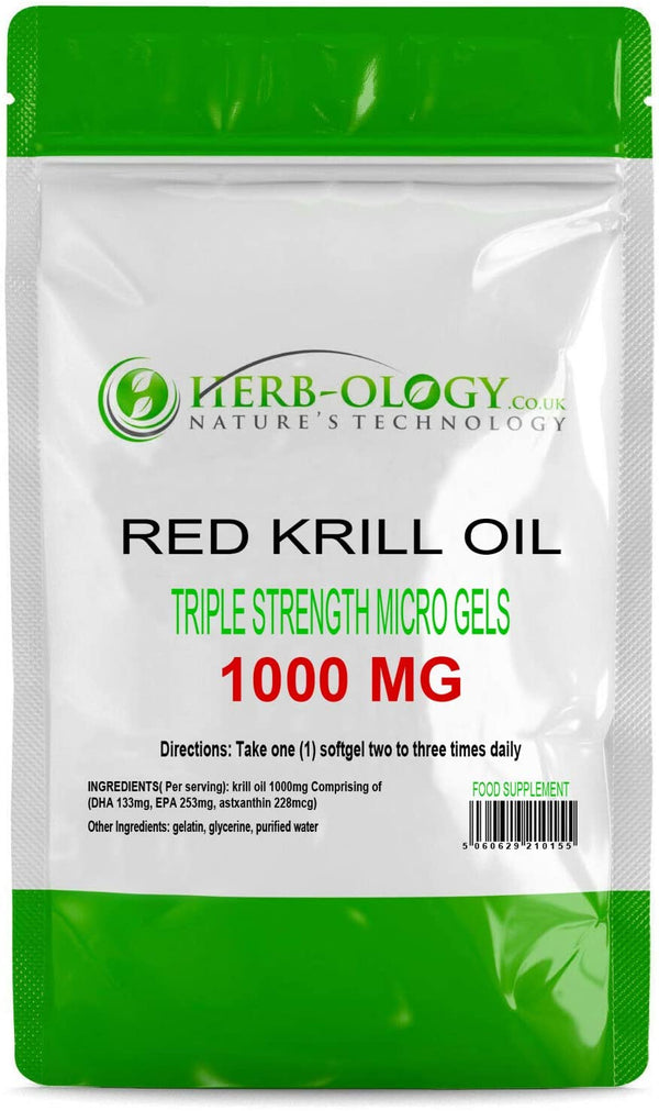 Herb-ology Red Krill Oil Capsules | 60 High Strength Fish Oil Supplement - 1000mg per Capsule | Source of Omega 3 Fatty Acids, DHA & EPA | Fast Absorption SoftGel Supplement