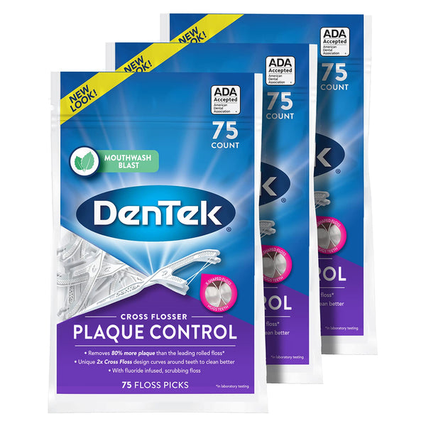 DenTek Cross Flosser Plaque Control Floss Picks, X-Shaped Floss, 75 Count, 3 Pack