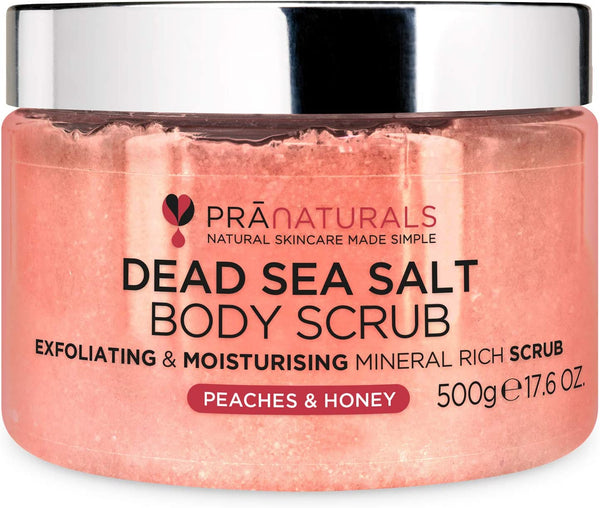 PraNaturals Dead Sea Salt with Peach & Honey Body Scrub 500G ýýý Hydrating & Moisturising, With natural oils & minerals, Softening & nourishing, Sweet fruity fragrance, No Parabens, Vegan & Cruelty Free