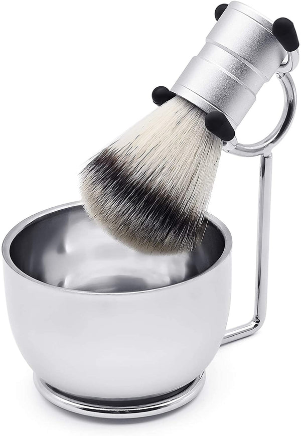 Men's Shaving Set, Stainless Steel Shaving Razor&Brush Holder Soap Bowl Mug Badger Hair Beard Brush, Wet Shaving Kit - 3 Pieces (Silver)