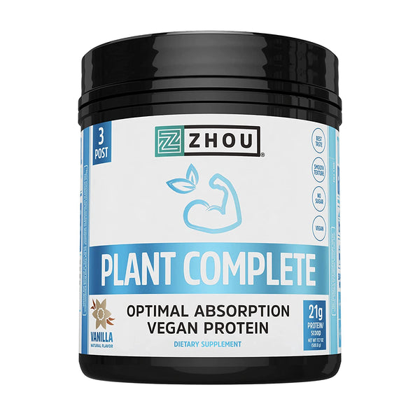 Zhou Nutrition Plant Based Vegan Protein Powder, Best Absorption & Digest Score, Complete Amino Acid Profile, Dairy Free, Soy Free, Gluten Free, Sugar Free, Vanilla, 21g Protein/Scoop - 16 Servings