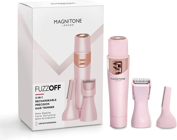 Magnitone FuzzOff 3-in-1 Rechargeable Ladies Precision Hair Trimmer Depilator for Face, Jawline, Upper Lip, Eyebrows, Body, Underarm and Bikini Line - Pink