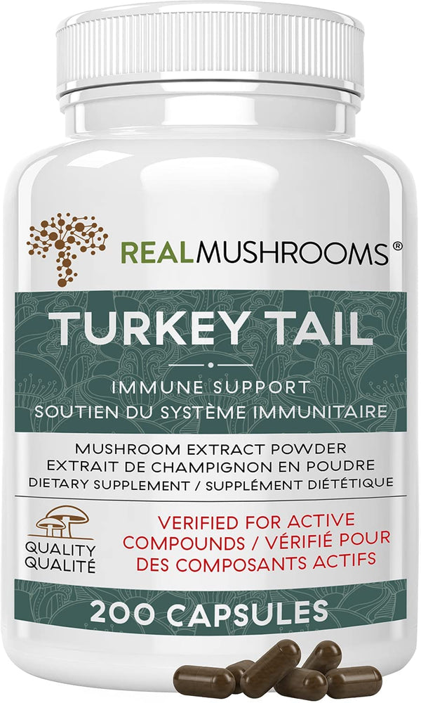 Real Mushrooms Turkey Tail Mushroom Supplements for Immune Support, Wellness, Vitality | Vegan, Non-GMO Turkey Tail Capsules (200 Capsules / 100 Day Supply)