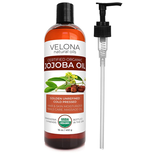 Velona Jojoba Oil USDA Certified Organic - 16 oz (With Pump) | 100% Pure and Natural | Golden, Unrefined, Cold Pressed, Hexane Free | Moisturizing Face, Hair, Body, Skin Care, Stretch Marks, Cuticles