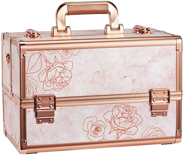 Joligrace Makeup Box Cosmetic Organiser Beauty Nail Polish Vanity Case Extra Large Space 4 Trays with Shoulder Strap Clasp Locks with Keys (Rose Marble)