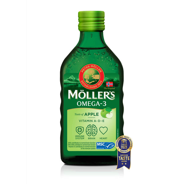 Moller’s ® | Omega 3 Cod Liver Oil | Omega-3 Dietary Supplements with EPA, DHA, Vitamin A, D and E | Superior Taste Award | Pure & Natural cod Liver Oil | 166 Year Old Brand | Apple | 250 ml