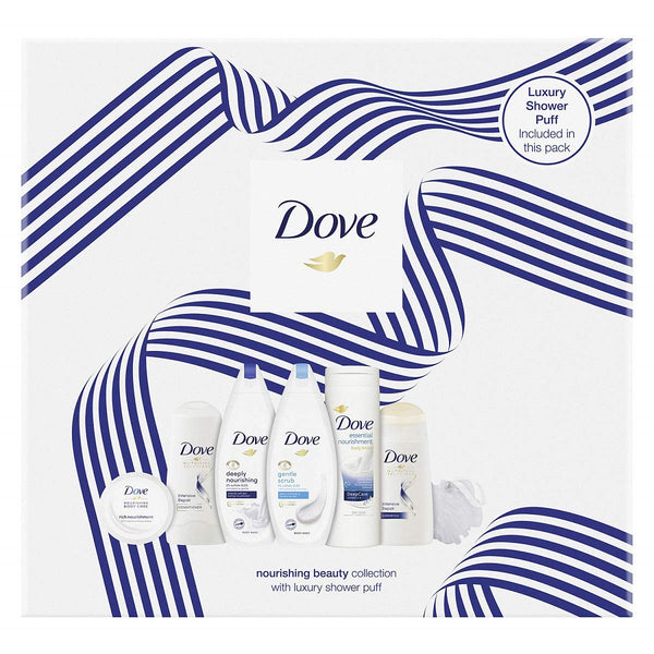 Dove Nourishing Beauty Collection with Luxury Shower Loofah, Body Lotion, Body Wash, Shampoo, Conditioner, & Cream Pot-Gift Set for Women