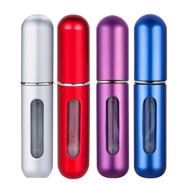 Portable Mini Refillable Perfume Empty Spray Bottle,4 Pcs Pack of 5ml Scent Pump Case，Refillable Perfume Spray,Multicolor Atomizer Perfume Bottle,for Traveling and Outgoing (Purple/Red/Silver/Blue)