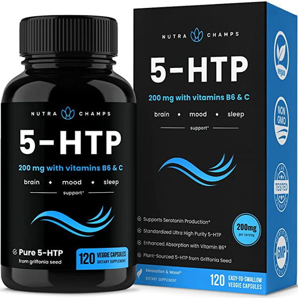 5-HTP Supplement 200mg - 120 Vegan Capsules - Natural Support for Brain, Mood Boost & Sleep Supplement - Calm & Relaxing Serotonin Boost - 5 HTP 100mg Pills with Vitamin B6 & Vitamin C