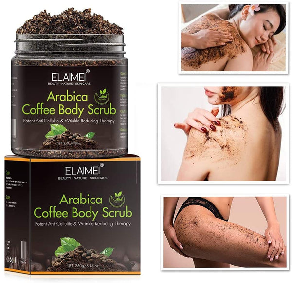 Premium Bio-Active Coffee Arabica Dead Sea Salt Body Scrub Natural Detoxifying, Battles Cellulite, Wrinkles, Stretch Marks & Varicose Veins. Enriched w/Vitamins and Olis Vegan for Women & Men 250ml