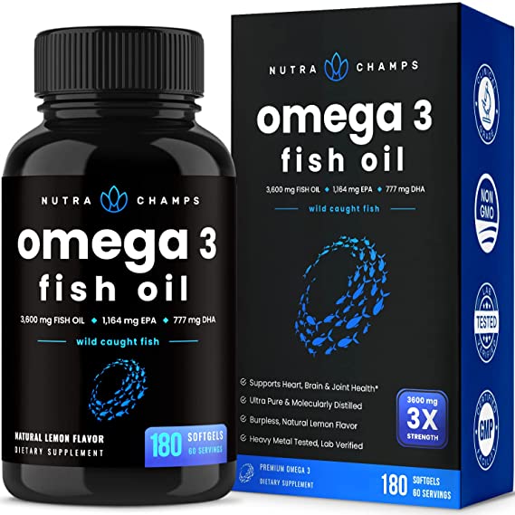 Omega 3 Fish Oil Supplements 3600mg with EPA & DHA | High Potency Omega 3 Supplement to Support Heart, Brain, Joints, Skin, Eyes & Immune Health | 180 Natural Lemon Burpless Fish Oil Capsules