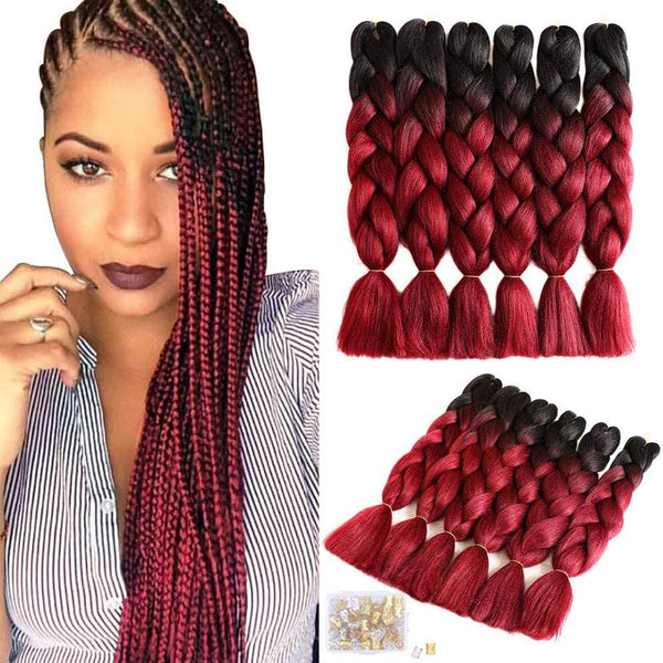 6Pack Braiding Hair Two Tone Kanekalon Braids Hair Synthetic Ombre Braiding Hair Extensions(24inch,Black/Wine Red)