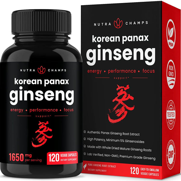 NutraChamps Korean Red Panax Ginseng 1650mg - 120 Vegan Capsules Extra Strength Root Extract Powder Supplement w/ High Ginsenosides for Energy, Performance & Focus Pills for Men & Women
