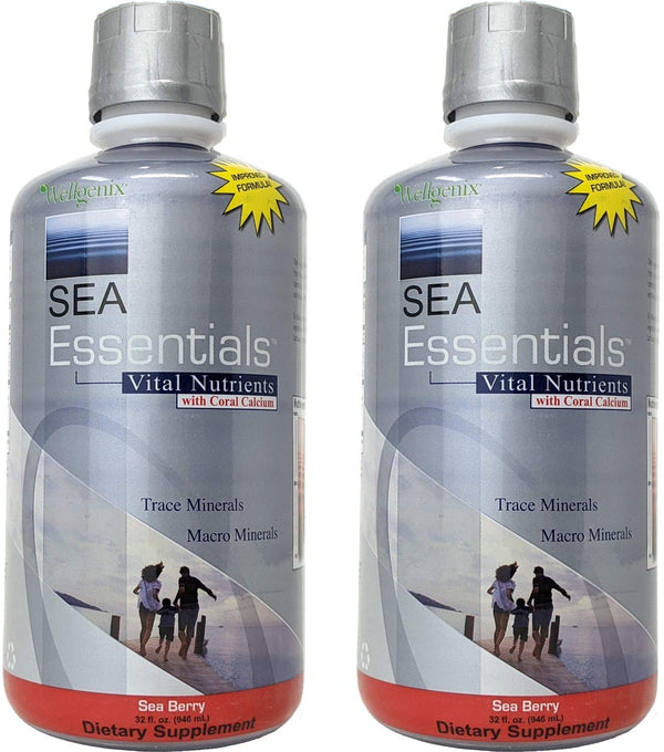 Wellgenix Sea Essentials Coral Calcium Liquid Vitamin for High Absorption - Nutritional Multivitamin Supplement - Sea Berry Flavor (32 oz) (2 Pack)