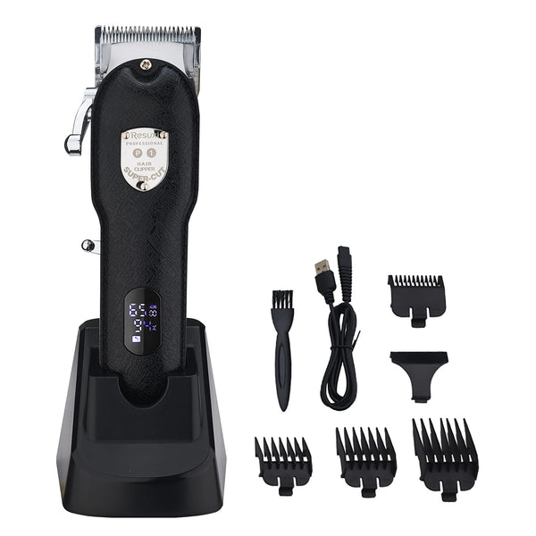 Resuxi Hair Clippers – Professional Men’s Grooming Kit with Combs, Brush, Charging Dock – Faux Leather Hair Trimmer with LCD Screen – Adjustable Teeth Distance – 4 Hours Working Time Electric Trimmer