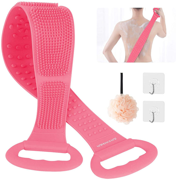 Silicone Back Scrubber for Use in Shower - Extra Long Bath Body Brush for Women Soft Dual Sided Shower Back Exfoliating Scrubber Cellulite Massage Brush Men's Back Washer for Dad/Mom/Elders/Adults