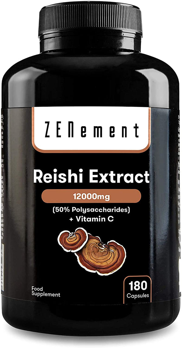 Reishi Extract 12000mg, + Vitamin C, 180 Capsules | 50% Polysaccharides | Energising & antioxidant | Vegan, No additives, Non-GMO Ingredients. | by Zenement