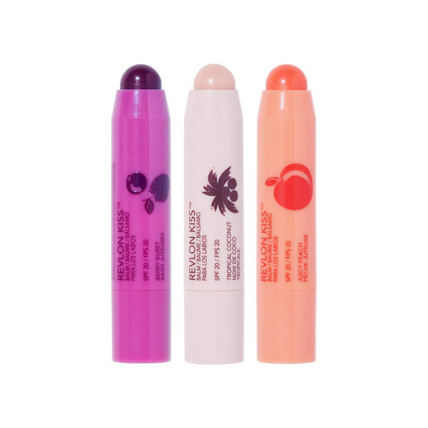 Revlon Kiss Lip Balm Crayon, Hydrating Lip Moisturizer Infused with Natural Fruit Oils, SPF 20, Berry Burst, Juicy Peach, Tropical Coconut (Pack of 3)