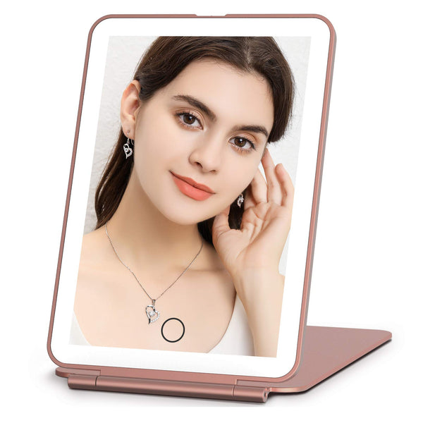 Rechargeable Makeup Vanity Mirror with 72 Led Lights, Lighted Light up Travel Beauty Mirror, 3 Color Lighting, Dimmable Touch Screen, Tabletop Cosmetic Mirror (Rose Gold)