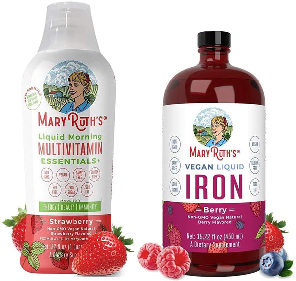 Liquid Morning Multivitamin & Liquid Iron Bundle by MaryRuth's | Vegan Morning Liquid Multi Essentials+ (Strawberry) | Vegan Liquid Iron from Ferrochelýý | Formulated for Adults & Kids