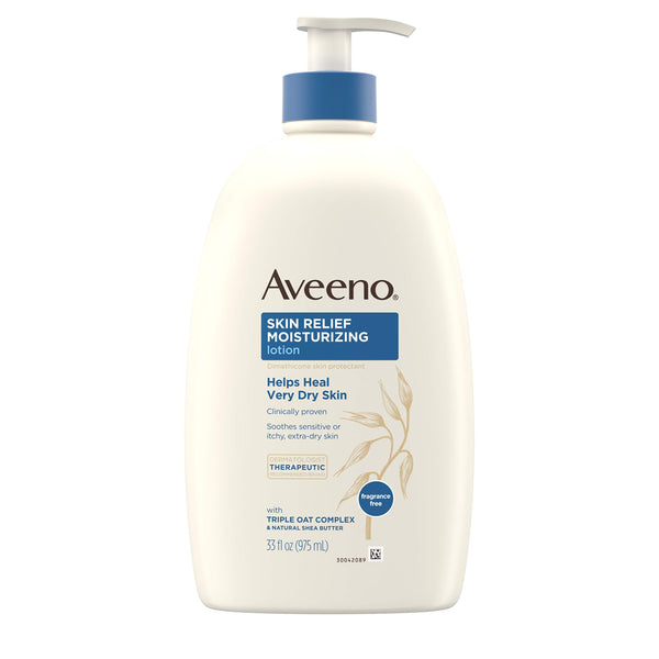 Aveeno Skin Relief 24-Hour Moisturizing Lotion for Sensitive Skin with Natural Shea Butter & Triple Oat Complex, Unscented Therapeutic Lotion for Extra Dry, Itchy Skin, 33 fl. oz