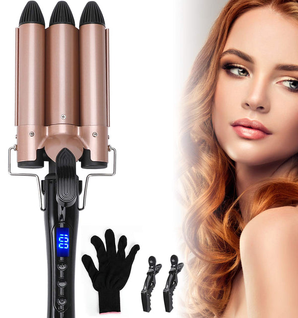 Professional 3 Barrel Hair Curler Curling Tongs 22mm Quick Heated Ceramic Triple Barrels Curling Wand DIY Hair Styling for All Types of Hair Gifted Hairpin Insulation Gloves