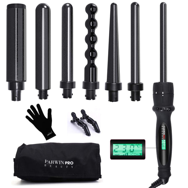 PARWIN PRO 7 in 1 Curling Wand Set with 7 Interchangeable Diamond Tourmaline Ceramik Barrels, Temperature Control, LCD Display, with Heat Resistant Glove
