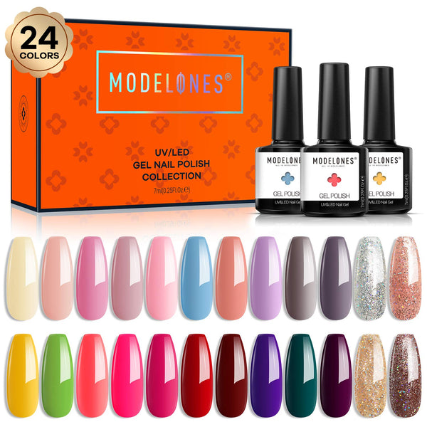 Modelones 24 Colors Gel Nail Polish Set, Summer into Autumn Collection Glitter Nude Grays Pink Gel Polish Soak Off Nail Gel Polish Starter Kit Nail Art New Year Gifts Box