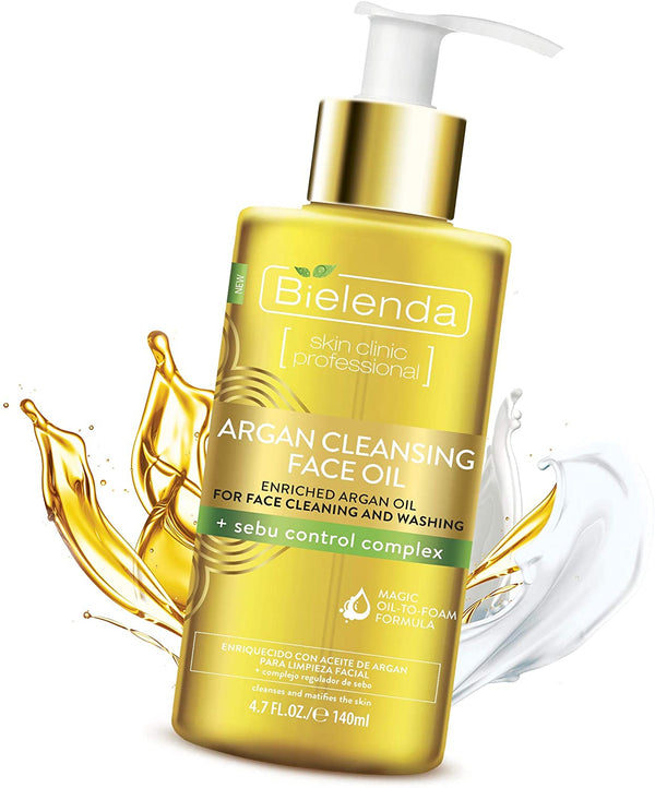 Bielenda Argan Face Oil - Essential Face Treatment Effectively Cleans And Removes Makeup Deeply Moisturizes And Mattifies The Skin - Argan Cleansing Face Oil With Sebu Control Complex - 140 ml