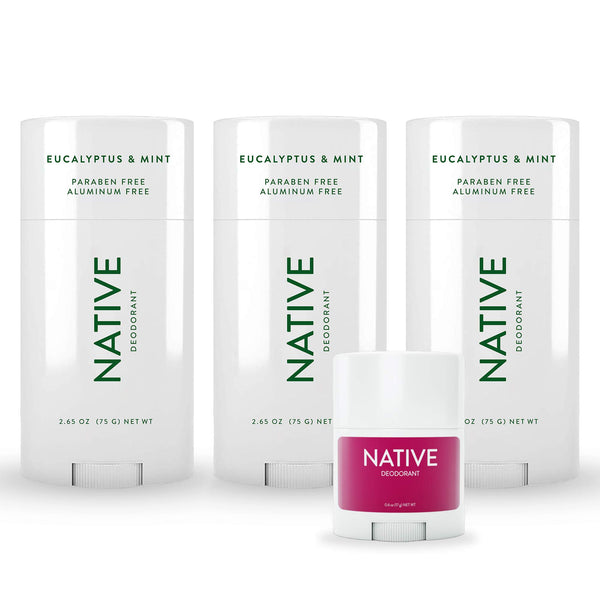Native Deodorant - Natural Deodorant For Men And Women - 3 Pack of Eucalyptus & Mint and 1 Free Mini Bar of Blackberry & Green Tea - Contains Probiotics - Aluminum Free & Paraben Free, Naturally Derived Ingredients