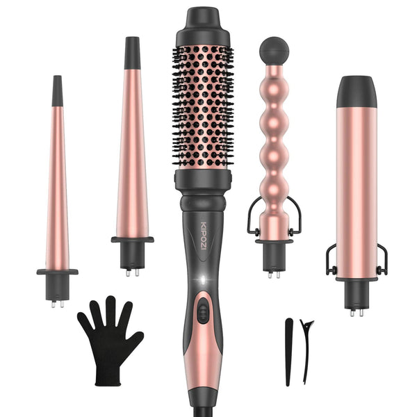 KIPOZI Professional 5-in-1 Curling Wand Set, Instant Heat Up Hair Curler Wand with 4 Interchangeable Ceramic Barrels and 1 Curling Iron Brush