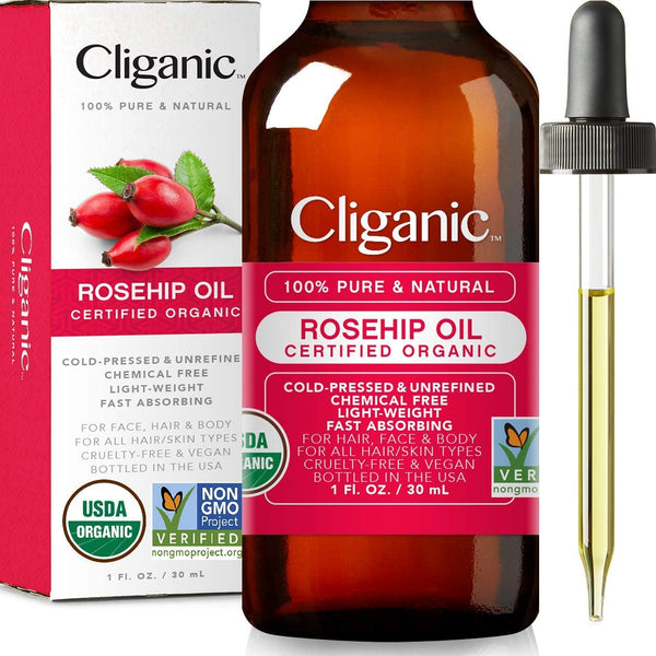USDA Organic Rosehip Oil for Face, 100% Pure | Natural Cold Pressed Unrefined, Carrier Seed Oil for Skin, Hair & Nails | Certified Organic (30ml) | Cliganic 90 Days Warranty