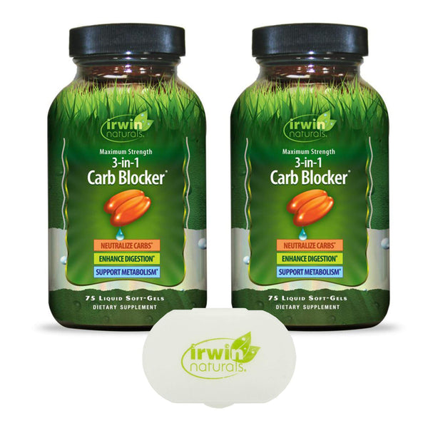 Irwin Naturals 3-in-1 Carb Blocker, Appetite Control Metabolism Support Supplement - 75 Liquid Softgels Bundle with a Pill Case