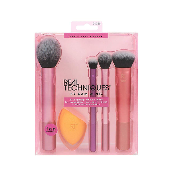 Real Techniques Everyday Essentials Makeup Brush Complete Face Set (Miracle Complexion Sponge, Expert Face, Blush, Setting and Deluxe Crease Brushes)