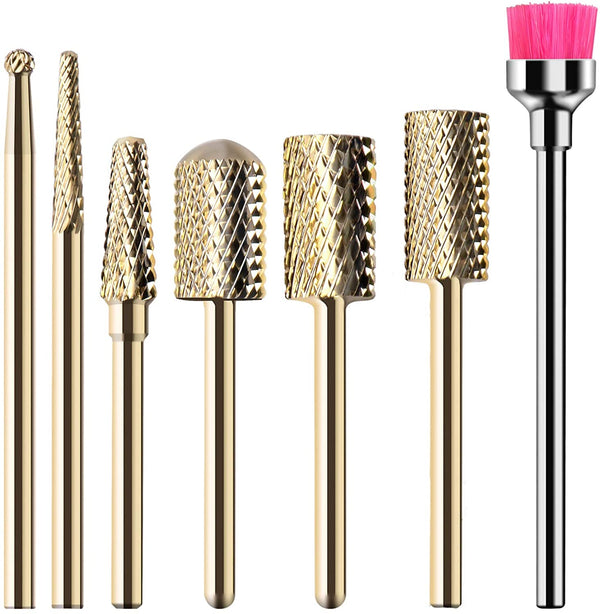 MelodySusie Nail Drill Bits Set Carbide Less Dust Professional 3/32 Inches Nail Bits Filing Acrylic Nails Gel Nails Down Removing Cuticle Tools for Electric Nail Files Drill Machine, 7pcs, Gold