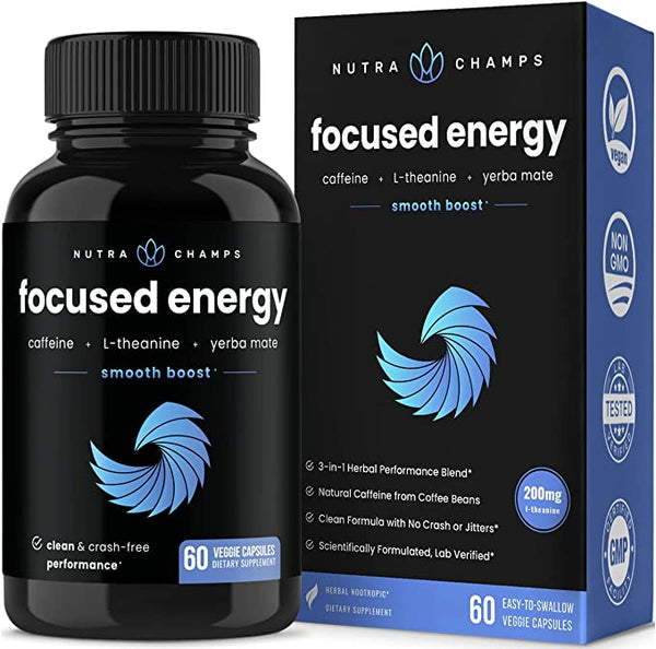 Caffeine Pills with L-Theanine for Focused Energy | Smooth & Clean Energy Supplement for Focus & Performance | No Crash, No Jitters | Nootropic Brain Booster with Yerba Mate | 60 Vegan Energy Pills