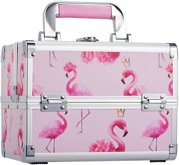 Joligrace Makeup Box Vanity Case Cosmetic Organiser Box Beauty Storage Train Case with Mirror, Lockable with Keys, Flamingo