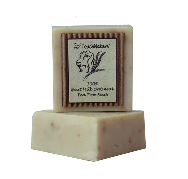 Touch Nature Goat Milk Bar & Castile Soap with Tea Tree Essential Oil and Oatmeal Added. Handmade. Gentle and Moisturizing. For sensitive and eczema prone skin. 100% Vegan Soap, Cold Pressed. (2pc 140gm)