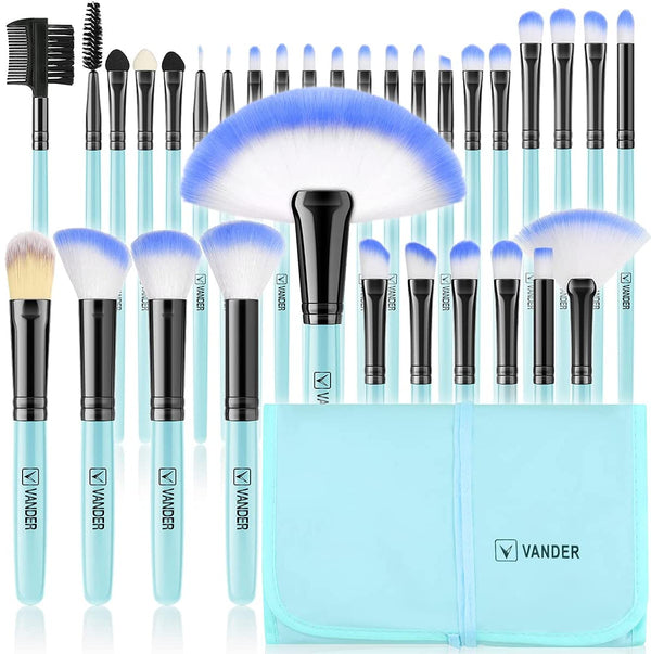 Makeup Brush Set,VANDER 32Pcs Professional Makeup Brushes, Synthetic Foundation Eyeshadow Blending Face Powder Blush Concealers Beauty Brush with Travel Cosmetic Bag,Blue
