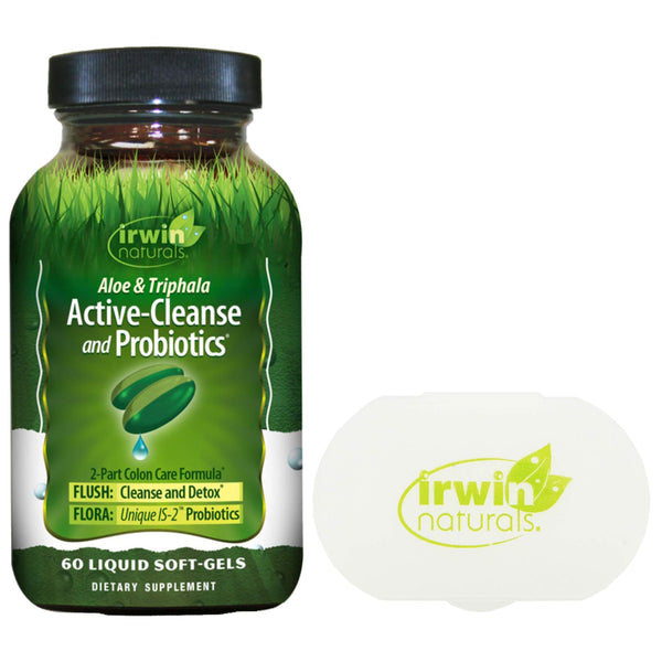 Irwin Naturals Active-Cleanse & Probiotics Aloe & Triphala Cleanse & Detox 2-Part Colon Care Formula - 60 Liquid Soft-Gels - Bundle with a Pill Case