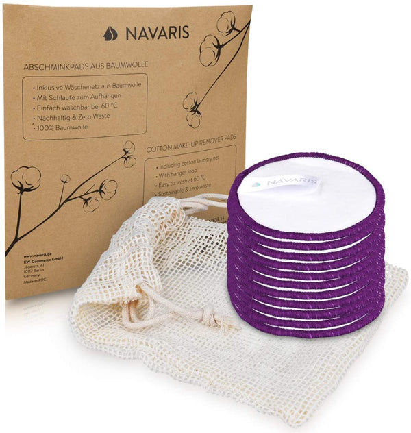 Navaris Reusable Cotton Pads - Makeup Remover Washable Rounds for Face and Eyes to Remove Make-Up and Cosmetics - Includes Laundry Bag - Pack of 14